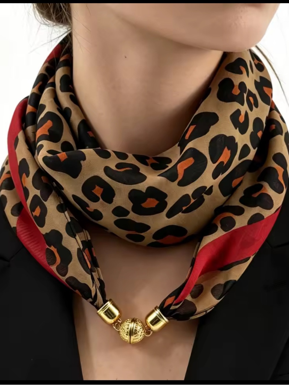 Anthropologie Leopard Print Silk Scarf Necklace with Red Trim and Gold Accent
